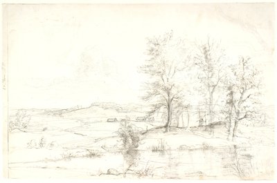 Tepelik bir ormanlık manzara görünümü. Ön planda bir göl by Dankvart Dreyer