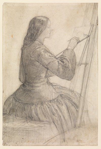 Elizabeth Siddal bir şövalede oturuyor, resim yapıyor, 1854-55 dolaylarında by Dante Gabriel Charles Rossetti