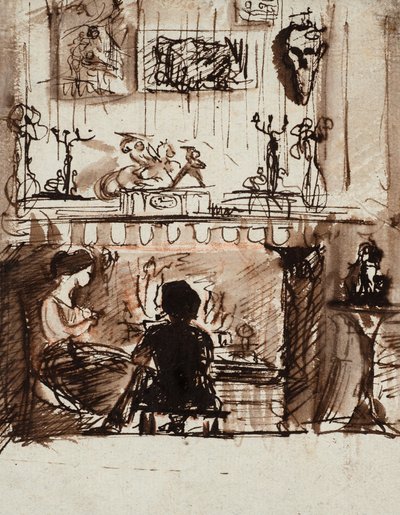 Lizzie Siddal ve Woolner Hayali Bir Odada (kalem, mürekkep ve yıkama) by Dante Gabriel Charles Rossetti