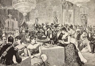 Büfe odası, Quirinale'deki mahkeme balosu, Roma, İtalya, Dante Paolocci'nin çiziminden gravür, L'Illustrazione Italiana'dan, No 10, Mart 9 by Dante Paolocci