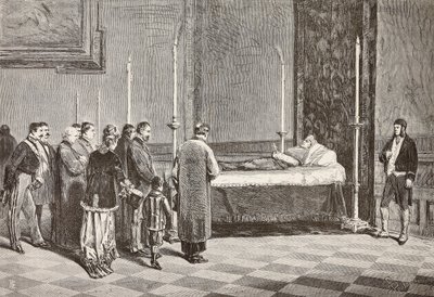 Kardinal Giacomo Antonelli'nin Vatikan'daki odalardan birinde yatan hali, L'Illustrazione Italiana'dan Dante Paolocci'nin bir çiziminden gravür, No 57, 26 Kasım by Dante Paolocci