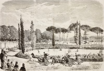 Villa Borghese'de araba yarışları, Roma, İtalya, L'Illustrazione Italiana'dan Dante Paolocci'nin çiziminden gravür, No 39, 23 Temmuz by Dante Paolocci