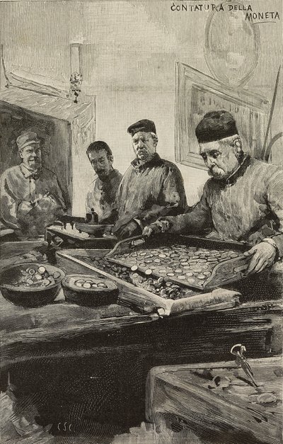 İtalya, Roma darphanesinde madeni para sayma, Dante Paolocci'nin çiziminden sonraki gravür, L'Illustrazione Italiana'dan, Yıl XX, Sayı 51, 17 Aralık by Dante Paolocci