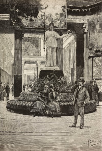 Kumaş ve dantel sergisi, Rotonda and Fabrics Gallery, Roma, İtalya, Dante Paolocci'nin çiziminden gravür, L'Illustrazione Italiana'dan, No 15, 10 Nisan by Dante Paolocci