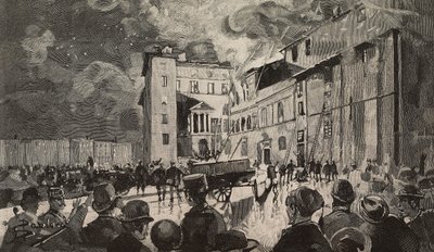 1893 İsrail okullarının yangını, Roma, İtalya, Dante Paolocci'nin çizim üstüne gravürü, L'Illustrazione Italiana'dan, Yıl XX, Sayı 7, 12 Şubat by Dante Paolocci