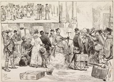 İstasyonda koleraya karşı fümigasyon, velocipede çırak, Roma, İtalya, Dante Paolocci'nin çiziminden gravür, L'Illustrazione Italiana'dan, No 37, Eylül 14 by Dante Paolocci