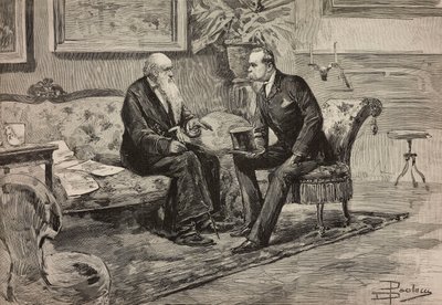 Savoy Kralı I. Umberto (1844-1900) ve Konsey Başkanı Agostino de Pretis (1813-1887), Dante Paolocci'nin çiziminden gravür, L'Illustrazione Italiana No 29, 10 Temmuz by Dante Paolocci