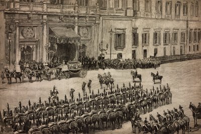 Parlamentonun açılışı, Kral I. Umberto'nun Montecitorio'ya gelişi, Roma, İtalya, Dante Paolocci'nin çiziminden gravür, L'Illustrazione Italiana No 51, 4 Aralık by Dante Paolocci