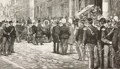 İtalyan politikacı ve subay Luigi Mezzacapo'nun (1814-1885) cenaze törenine katılan politikacılar ve memurlar, Roma, İtalya, L'Illustrazione Italiana'dan Dante Paolocci'nin çiziminden gravür, yıl 12, sayı 7, 15 Şubat by Dante Paolocci