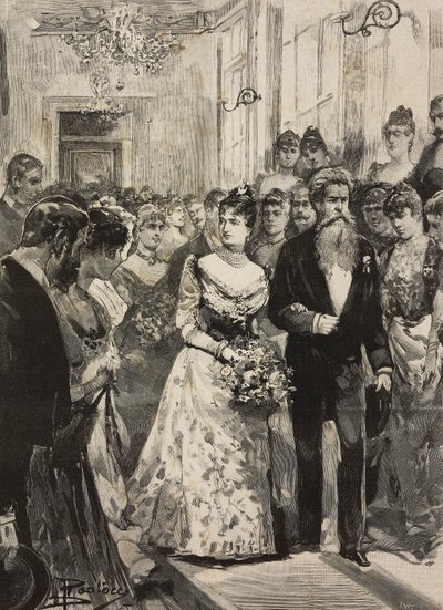 Savoy Kraliçesi Margherita, Roma Sanat Kulübü'nün (Circolo Artistico) partisinde, heykeltıraş Giulio Monteverde, İtalya eşliğinde, L'illustrazione Italiana'dan Dante Paolocci'nin çizim üstüne gravürü, XX. Yıl, No 3, 15 Ocak by Dante Paolocci