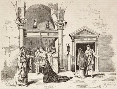 Yüce Papa'nın saraydaki kabinesi, Postumia Fabio Massimo'ya yalvarıyor, Roma Vaincue, Alexandre Parodi, Perde V, Zandomenico'nun L'Illustrazione Italiana'dan eskizlerinden Dante Paolocci'nin gravürü, No 58, 3 Aralık by Dante Paolocci