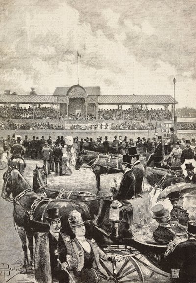 Tribün, İtalya, Torino'da at yarışı, L'Illustrazione Italiana'dan Dante Paolocci'nin çiziminden gravür, No 24, 15 Haziran by Dante Paolocci