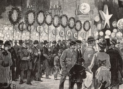 1 Aralık akşamı Kral Umberto I onuruna meşale ışığı, Roma, İtalya, Dante Paolocci'nin çiziminden gravür, L'Illustrazione Italiana'dan, No 50, 14 Aralık by Dante Paolocci