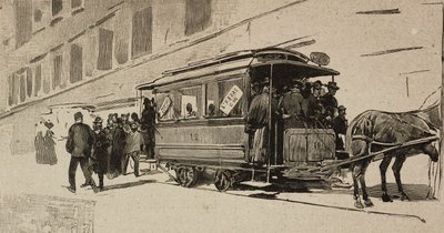 Leo XIII Piskoposluk Jübilesi vesilesiyle Aziz Petrus'a yönlendirilen tramvay, Roma, İtalya, L'Illustrazione Italiana'dan Dante Paolocci tarafından çizim üzerine gravür, XX Yılı, No 11, Mart 12 by Dante Paolocci
