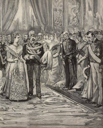 Savoylu I. Umberto ve Margherita, gümüş düğünleri vesilesiyle konserde, Palazzo del Quirinale, Roma, İtalya, L'Illustrazione Italiana'dan Dante Paolocci'nin çizim üstüne gravürü, Yıl XX, Sayı 18, 30 Nisan by Dante Paolocci