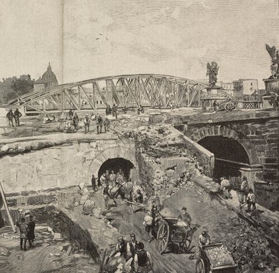 Tiber bankalarının hayata geçirilmesi sırasında Sant'Angelo Köprüsü üzerindeki çalışma, Roma, İtalya, Dante Paolocci tarafından çizim üzerine gravür, L'Illustrazione Italiana'dan, Yıl XX, No 2, Ocak 8 by Dante Paolocci