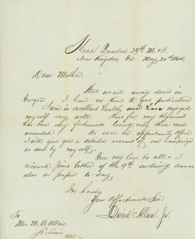 Kingston, Ga. yakınlarındaki Head Quarters 29th M.V.I., David Allan, Jr., annesi Bayan M.A. Allan, St. Louis, Mo.