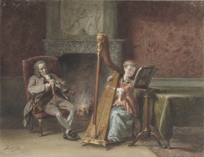 Arp çalan bir kız ve sandalyede izleyen bir beyefendi ile iç mekan by David Bles
