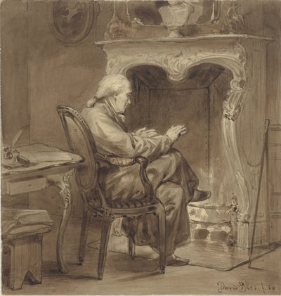 Yaşlı adam şöminenin yanında kendini ısıtıyor by David Bles