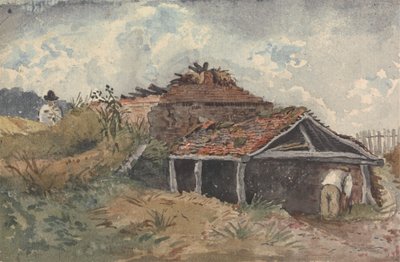 Eski bir binanın yanında iki figürün olduğu manzara by David Charles Read