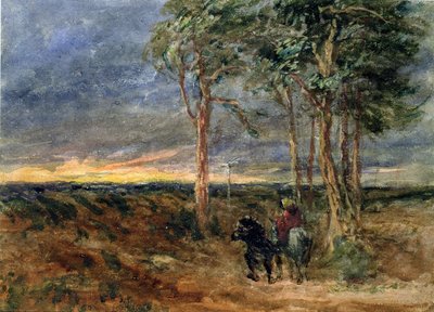 Bir fundalıkta bir tabelaya yaklaşan yolcular, 1851 by David Cox