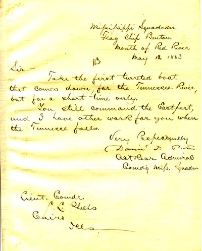 David D. Porter, USS Benton, Red River ağzından Seth Ledyard Phelps, Kahire, Illinois'e mektup, 12 Mayıs 1863 by David D. Porter