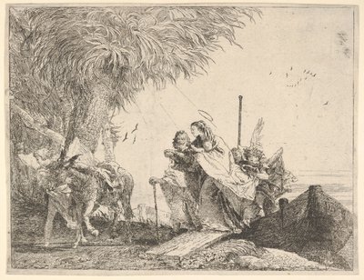 Meryem, Yusuf ve bir meleğin yardımıyla, bir tekneden kıyıya adım atıyor, bir melek duruyor ..., 1753. by David Giovanni
