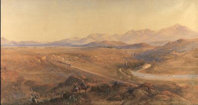 Osmanlı Demiryolunda Bir Buharlı Tren, 1859 (gövde ve gövde rengiyle yükseltilmiş kurşun kalem) by David Hall McKewan
