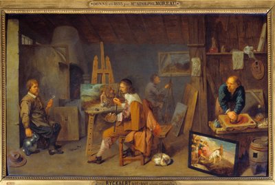 Poz modeli ve renk öğütücü ile ressamın atölyesi. David III Ryckaert (1612-1661), Ec. alev by David III Ryckaert