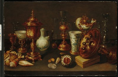 Nautilus, vazolar, bardaklar ve mercan dalları ile kabuklu natürmort by David II Ryckaert