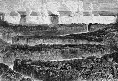 Mosi-oa-Tuny veya Victoria Şelaleleri, Zambiya olarak bilinen Zambezi'nin büyük kataraktlarının görünümü, Narrative of Expedition to Zambezi and onun kollarına ait gravür, David Livingstone (1813-1873) ve Charles Livingstone (1821-1873), Londra by David Livingstone