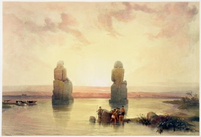 'Su baskını sırasında Teb'de Memnon Heykeli', Mısır, c1845 by David Roberts