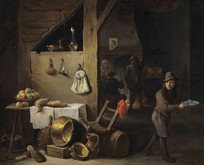 Genç bir çocuk ile içki ve sigara içen üç figürün bulunduğu bir mutfak içi by David Teniers the Younger