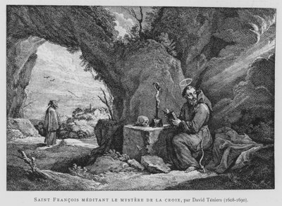 Aziz Francis Haç Gizemi Üzerine Meditasyon Yapıyor (lito) by David the Younger (after) Teniers
