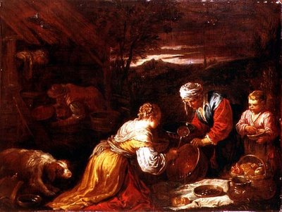 Bir kulübenin dışında yemek hazırlayan köylüler, ötesinde geniş bir manzara by David the Younger (attr. to) Teniers