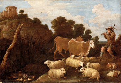 İleride bir tepenin üzerinde klasik kalıntılarla pipo çalan bir çobanın olduğu bir nehir manzarası by David Teniers the Younger