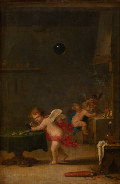 Amoretti Simyacının Atölyesinde, c.1635-37 (meşe ağacı üzerine yağlıboya) by David the Younger Teniers