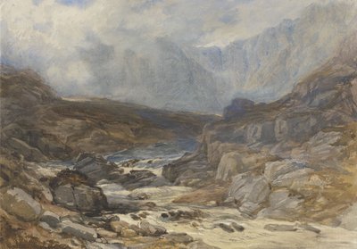 Torrential River ile Galler Dağ Manzarası (gövde renginde suluboya ve kağıt üzerinde siyah tebeşir) by David the younger Cox