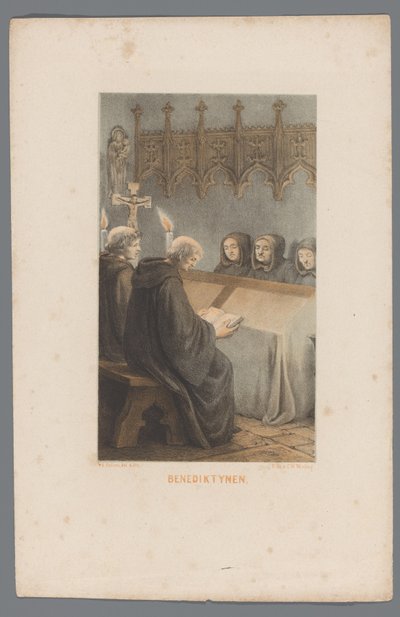 Beş Benediktin keşişi Benediktynen'i okuyor ve dua ediyor (nesnedeki başlık) by David van der Kellen