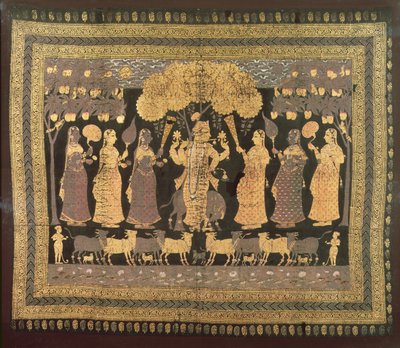 Krishna ve Gopileri (boyalı pamuk üzerine opak suluboya, altın ve gümüş) by Deccani School
