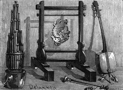 Çin müzik aletleri: org, ses taşı ve keman. by Delannoy Delannoy