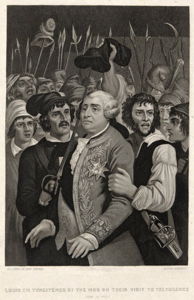 Louis XVI, Tuileries ziyaretlerinde Mob tarafından tehdit edildi, 20 Haziran 1792, John Sartain tarafından oyulmuş (gravür) by Denis Auguste Marie (after) Raffet