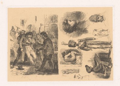 Bir grup erkek, yanında bir asker içeren bir kompozisyon kroki; Devrim Sahneleri by Denis Auguste Marie Raffet
