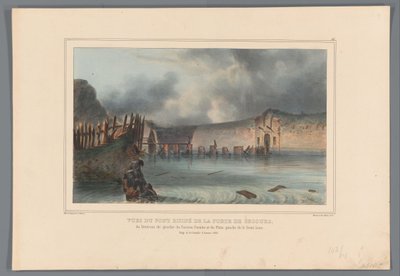 Vernielde brug, 1832 Kurtarma Kapısı'nın yıkık köprüsünün, Bastion Pacioto'nun sol girişinden ve yarım ayın sol kanadının görünümleri (nesne üzerindeki başlık) Kale kuşatması sırasında doğadan yapılmış çizimler Anvers by Raffet (nesnedeki seri başl by Denis Auguste Marie Raffet