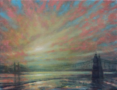 Hammersmith Bridge'de Gün Batımı, 2022 (Tuval Üzeri Yağlıboya) by Derek Hare