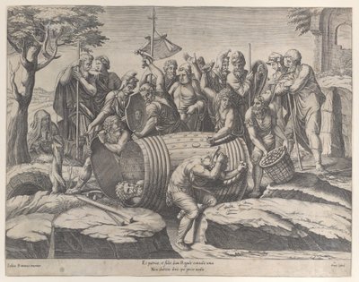Marcus Atilius Regulus bir fıçıda iki adam çivi çakarken, çeşitli fi..., 1555-77. by Diana Mantuana