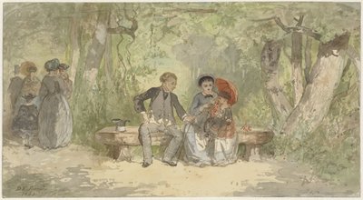 Erkek, kadın ve çocuk parkta bir bankta by Diederik Franciscus Jamin