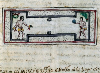 Pelota oyunu oynayan Aztekler, Diego Duran (1537-1588) tarafından Hint Adaları Tarihinden (Historia de las Indias) minyatür, 1579