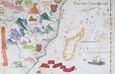 Madagaskar ve Doğu Afrika Kıyı Şeridi, bir dünya atlasından detay, 1565 by Diego Homem