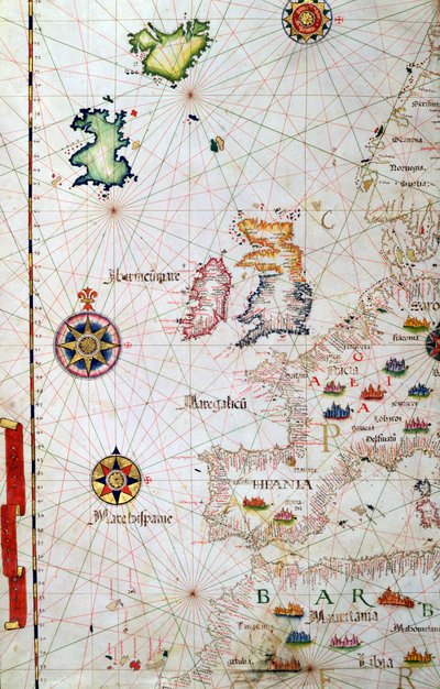 Britanya Adaları, İberya ve Kuzeybatı Afrika, bir dünya atlasından detay, 1565 by Diego Homem